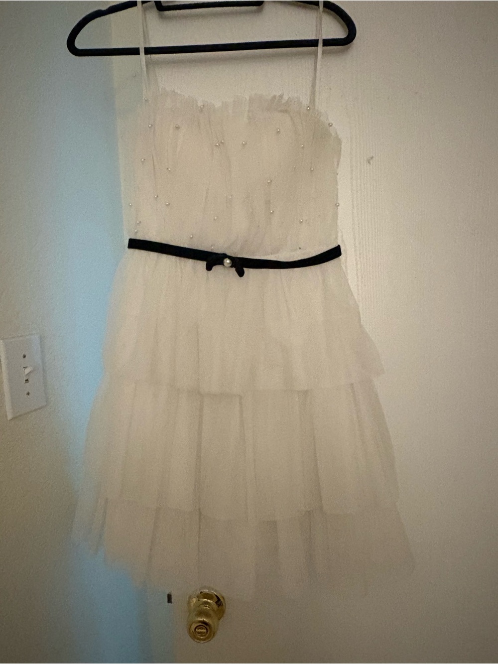 Pearled White Tulle Party Dress with Black Waist Bow